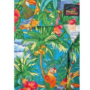 Paradise on a Hanger Men's L Hawaiian Shirt Tropical Parrot Birds Palms Vintage